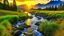 Placeholder: A view of breathtaking nature, at sunrise with a mountain stream and mountains in the background.