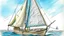Placeholder: in the charming childish style of a 5 year old with scratchy penwork, a basic sloop, floating on water with the sail full of wind. Off to the side, the same boat mast is depicted, this time with the sail raised and tied up