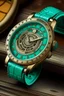 Placeholder: "Craft an image of a mid-journey scenario with a vintage turquoise watch band as a focal point. Infuse the scene with a stable.cog motif, blending the classic and the contemporary in a way that feels authentic and captivating."