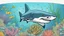 Placeholder: comic style, realistic coloring, underwater, coral reef, shark