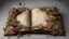 Placeholder: ancient spellbook, cover made from flowers, vines, tattered, loose pages