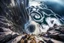 Placeholder: at the base of the rocky mountain peninsula, a great whirlpool waterfalls into deeper unknown depths