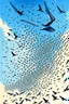 Placeholder: realistic drawing of a swarm of detailed swallows in the blue sky. look above from the ground, trees surrounding, swallows flying high.