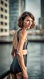 Placeholder: beautiful anorexic young woman, total shot, short shiny anthracite triathlon swimsuit, short brunette wavy bob hair, blurred city background