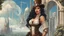 Placeholder: exotic sci-fi steampunk pin-up girl, with long dark hair, on a sci-fi planet with cloud trees, tall spires, buildings, bridges, arches