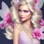 Placeholder: fantasy fairy with transparent wings, smiling, make up, long platinum blond hair with crown and flowers, pink dress