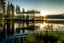 Placeholder: Ethereal glass structure that is half submerged in the lake, rises out of the water of a serene lake, repurposed warehouse, offices and art studios, at sunrise, high contrast, modular offices and agritecture of green plants, midcentury modern minimal, suspended over a serene body of water in Oregon, showcasing the innovative architectural style of Renzo Piano, captured by Hiroshi Sugimoto, with some of the windows green glass, triangluar, professional architecture plan --ar 16:9