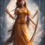 Placeholder: marigold goddess, beautiful face, long dress, brown hair