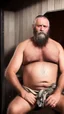 Placeholder: full figure shot photography, drunk beefy burly sweaty gipsy man , masculine hairy 55 year old man, dreadlocks, several tattoo, long beard, , hands behind the head, big shoulders, big arms, closed eyes, ambient occlusion ,sitting in a Sauna, super high resolution, 8k, cinematic light, ultra hyper realistic, frontal view from the bottom, view angle from the ground