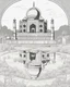 Placeholder: a coloring book, coloring page, depicting the Taj Mahal, with a scene of trees and a pool in front, cartoon style, highly defined, full body,