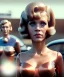 Placeholder: Ultra Realistic retro sci-fi movie Supermarket parking people scene, 1960 year, waist up view portrait, 2 clones blonde women, sweet teenager Jane Fonda face, perfect iris, glow eyes, face makeup, tight latex coat. many people looking, Retro sci-fi style, soft color, highly detailed, unreal engine 5, ray tracing, RTX, lumen lighting, ultra detail, volumetric lighting, 3d, finely drawn, high definition, high resolution.