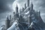 Placeholder: fortress like minas tirith on the side of a singular snowy mountain with a single tiny man standing infront of it in dark fantasy style with dark sky