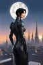 Placeholder: A slim Woman With Black Hair, Wearing an android-looking suit, standing sideways On a ledge of a building, with a waning moon Behind Her Head, towering spires and buildings highlighted by the setting sun