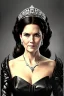 Placeholder: painting of crownprincess mary of denmark as evil queen in black leather, feminie, angry, stern look on her face, volouptous, busty, cleavage, emperious, mature, highly detailed, digital painting, artstation, concept art, smooth, sharp focus, illustration, art by gaston bussiere and alphonse mucha