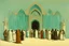 Placeholder: a group of people outside a gothic_arab glass gate in a turquoise wall by artist "Richard Dadd"