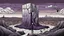 Placeholder: a nonbinary human figure stands inner an giant block of stone consisting of several layers outside around weird landscape with city in the distance, sharp lines, fade pale eyes, fade human figures in city, dark purple, gray, black, white, brown. Whimsical style and surreal vibe, lonely with absurd broken land, neuron network background, surreal nightmare vibe