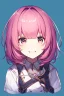 Placeholder: anime, female, young, no background, assistant, cheerful, facing the camera, center in portrait, pink haired