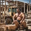 Placeholder: close up photography of a arab ugly burly serious wet sweaty, muscular chubby strong fat carpenter, shirtless, in broken dirty short pants, bulge, manly chest, very hairy, allover big goatee 46 years old, short hair, sitting with open legs on a little chair , on a construction site in the middle of a road, under the August sun, emotional eyes, , hyper-realistic, photorealistic , frontal view from the ground