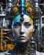 Placeholder: high quality illustration of a front complex woman face head mixed with a chemical plant (detailed eyes, nose, mouth , neck), surreal, visible brain, made of recycled colored objects all around and inside of head, dark industrial interior background , 4k, HDR, UHD, all in focus, clean, no grain, concept art