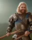 Placeholder: strong medieval men warrior with blond short hair, blue eyes and wide warm smile with an axe with green and brown clothes