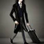 Placeholder: A tall slender young man with long hair and a black trench coat longingly waiting for his lover at an airport