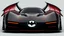 Placeholder: batmobile concept inspired from a 2025 ford mustang dark horse with a large elaborate spoiler and batman symbol style fins, batman symbol in grille, lower wind deflector. red stripes like 1960s adam west batmobile