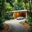 Placeholder: Cozy retreat, futuristic modern school in an tropical forest of vibrant colors. Contemporary design, clean lines and large windows, radiate a feeling of warmth and comfort. A white car parked on the winding road that leads to the house gives a touch of modernity to the rustic surroundings. The path is scattered with leaves. Around the house, mix of green, blue and yellow foliage. 8k