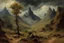 Placeholder: mountains, rocks, trees, cosmic fantasy influence, clouds, cosmic and future influence, 2000's sci-fi movies influence, willem maris and camille pissarro impressionism paintings