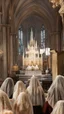 Placeholder: 7 sisters wearing lace veil praying in church.cinematic.