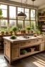 Placeholder: The exterior of a kitchen whit 2 window and a lot of natural sunlight and with a warm Color palette and many plants with a island cabinet in the middle In the style of rustic furniture in different angles