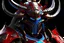 Placeholder: silver and crimson lightning Raijin samurai, blue electric horns that sprout forwards, a silver mask that covers the lower face, golden highlights throughout the armour, electricity emitting from the armour as a lightning arch appears from the back, crimson hair appearing out of the helmet