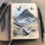 Placeholder: drawing in a sketch book of a landscape with mountains and a bird sitting in the forground.