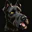 Placeholder: illustration of an angry scruffy black terrier on black background, yellow eyes