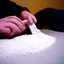 Placeholder: A man sniffing cocaine through rolled dollar paper, cocaine is on table, Close-up to action