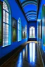 Placeholder: An exhibition of paintings whose side walls are in the shape of an oval and made of blue glass and its floor is light with a wall in the middle of the hall to divide it into two parts with a corridor at the beginning and end of the wall and the paintings displayed are old and historical with a window at the end