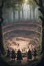 Placeholder: fantasy medieval tournment arena into the woods with people fighting