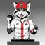 Placeholder: a drawing of a manga cat man with a sports cap and shirt, speaking at a (((lectern))) with a microphone, red, white and black colors, cat white and black colors, microphone in one hand, cat asking