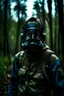 Placeholder: Modern soldier with glowing eyes wearing a gas mask standing in a forest at dusk.