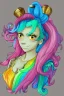 Placeholder: isometric clean art of super beautiful lady, soft lighting, soft pastel gradients, military insignia tattoo on left breast high definition, 3d icon clay render, blender 3d, beautiful, long hair, rainbow hair, rainbow dress, slitted eyes, pointed ears