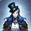 Placeholder: hyper realistic white male with blue hair and blue eyes. wearing fantasy style noble and a top hat gunslinger