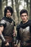 Placeholder: two male friends of twenty-five years old, with hazel eyes, black hair, diferent faces, dressed as epic warriors.