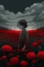 Placeholder: an illustration of a beautiful child with a field with red flowers cloudy in dark aesthetic