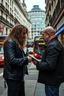 Placeholder: A stalker wants an autograph from a long-haired rock musician on a street in central London. The stalker is an overweight soon bald 25-year-old and looks a bit slimy, the atmosphere is oppressive and unpleasant, lot of traffic and london busses, hectic hour, a nice hotel