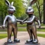 Placeholder: Hyperreal sculpture by John De Andrea, Metal rabbit holding hands with metal girl sculpture in a city park, by Tom Otterness, sculpture art, subdued, quirky cute hyperreal characters, natural lighting, hyperrealism