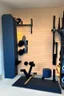 Placeholder: Home gym, wall with a kabinet with weights and small gym equipment. The other side a plyo box and wall balls. In between the plyo box and kabinet a folded weightlifting bench.