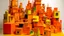 Placeholder: An orange colored town made out of toys painted by Piet Mondrian