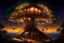 Placeholder: The tree of Heavens, huge tree floating heaven, warm and cozy, many huts on the tree, people, huge railing, firelights, blossoms, christmas decorations, fireflies, beautiful, Serene, Warm place