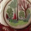 Placeholder: exquisite whimsical forest in embroidery hoop, intricate, highly detailed, linen and wood backdrop