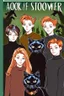 Placeholder: Act like a book cover designer. Use comic style. Grimmy black cat and a group of three teenagers (13-15 years old) - two brothers with ginger hair and frickles with a brown-haired girl. Environment: old town.