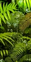 Placeholder: cinematic shot of flowers and ferns inside a test tube, waterdrops, dewdrops, moss, crystal, luxurious, bell jar